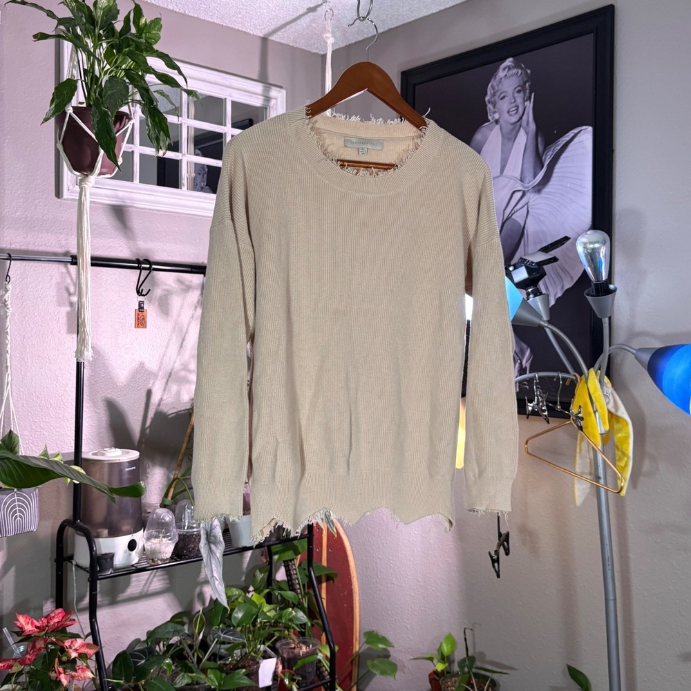 Dance‎ & Marvel Distressed Knit Sweater M/L Cream Boho Raw Hem